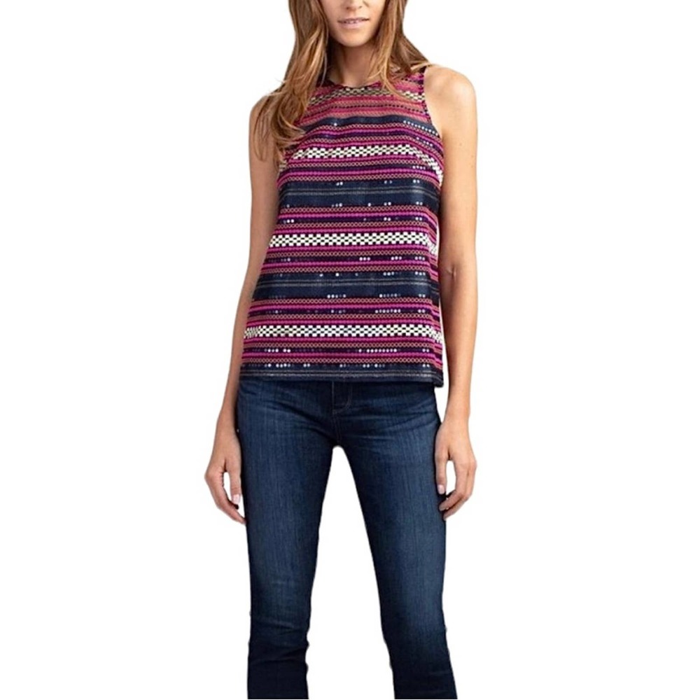TRINA TURK | Navy Blue Aracari Embroidered Sequin Sleeveless Top Blouse Shell